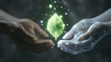 Hands holding glowing leaf concept for nature technology and life