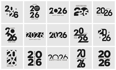 Fototapeta premium Modern and minimalist collection of 2026 New Year logotypes and typography designs, perfect for banners, greeting cards, and event posters.