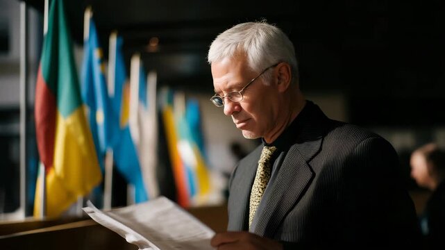 A diplomat standing in front of a row of international flags at a global summit, carefully reviewing complex briefing papers as delegates arrive &mdash; high-level foreign relations, international