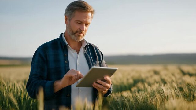 A farmer checking a tablet showing hyperlocal drought and storm alerts beside a field of crops &mdash; agricultural forecasting, climate resilience, and real-time farm disaster planning. cinematic color