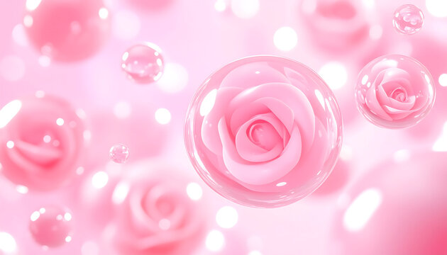 ピンク色の薔薇とシャボン玉の幻想的な背景