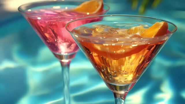 Refreshing summer cocktails in a sunny poolside setting with vibrant colors and garnishes - Powered by Adobe