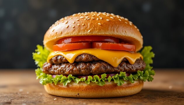 Juicy Beef Burger with Melted Cheese, Lettuce, Tomato, and Sesame Bun - Powered by Adobe