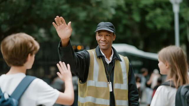 A friendly school security guard greeting students at the main gate, high-fiving kids while monitoring surroundings &mdash; welcoming environment, community trust, and visible campus protection.