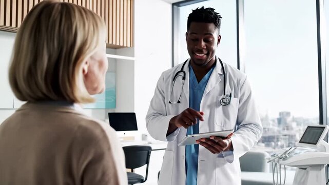 Doctor with stethoscope and tablet consults with patient in modern medical office. Healthcare professional provides advice and treatment information during clinical appointment. Contemporary hospital