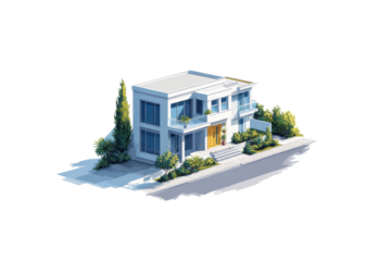 White modern two story house with yellow door and green landscaping home building