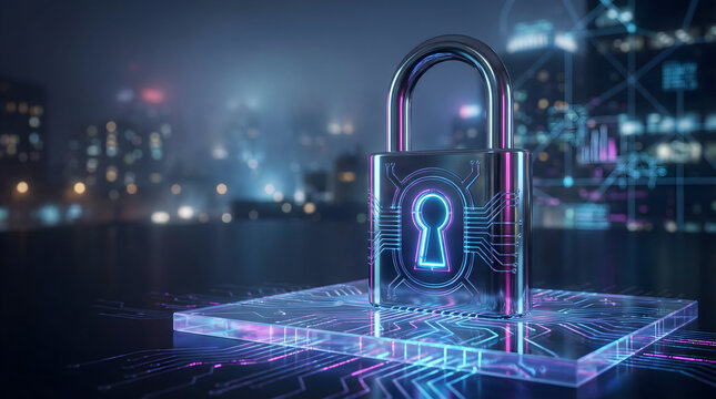 Modern cyber security lock with glowing circuits protecting digital data in futuristic city skyline