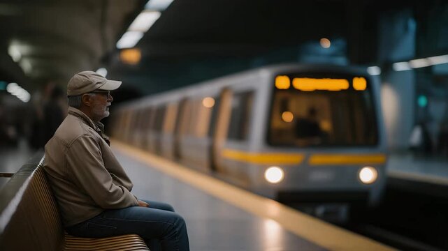 A solitary commuter waiting on a dimly lit platform late at night as the warm lights of an approaching train illuminate the tunnel &mdash; atmospheric underground mood, urban isolation, and cinematic