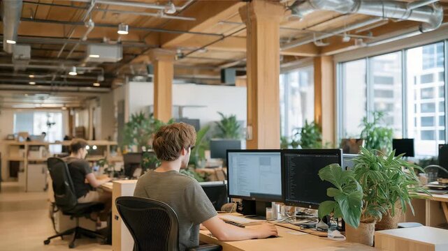 A team of professionals transforms an outdated office into a bright open coworking space filled with natural light, plants, and modern furniture &mdash; a visual narrative of renewal, collaboration, and