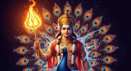 A vibrant depiction of the Hindu deity Kartikeya, also known as Murugan, holding a flaming trident with a peacock and a radiant peacock feather aura.