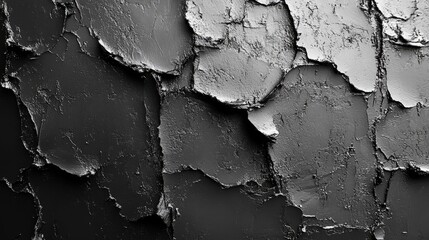 A detailed close-up showcases a rough, textured surface reminiscent of weathered concrete or stone. The monochromatic palette highlights the material?s unevenness and stark contrasts.