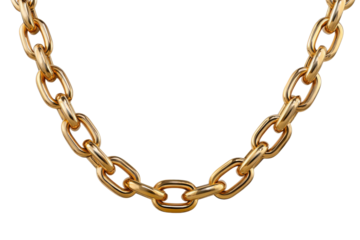 Thick polished gold chain links against a solid black background metal jewelry