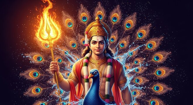 A vibrant depiction of the Hindu deity Kartikeya, also known as Murugan, holding a flaming trident with a peacock and a radiant peacock feather aura.