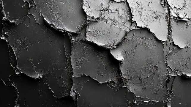 A detailed close-up showcases a rough, textured surface reminiscent of weathered concrete or stone. The monochromatic palette highlights the material?s unevenness and stark contrasts.