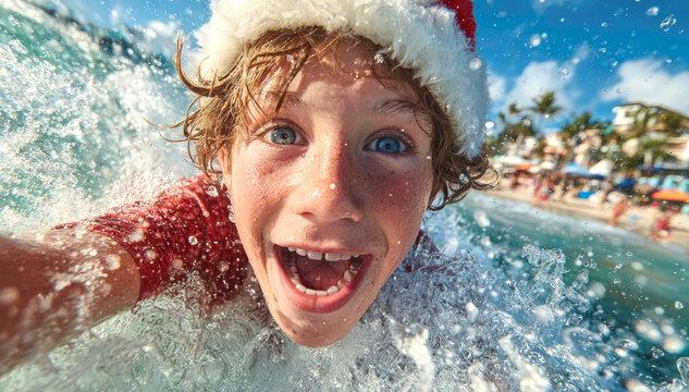 A happy surfer boy wearing a Santa hat takes a selfie in the waves on a tropical beach while surfing. Active recreation, children's winter holidays - Powered by Adobe