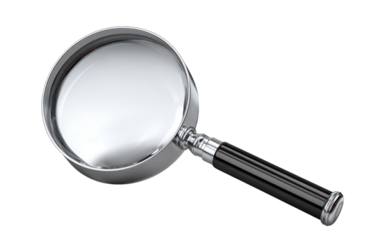 Magnifying glass with chrome rim and black handle on black background lens optical, Isolated On White Background, Png Transparent