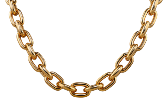 Thick polished gold chain links against a solid black background metal jewelry