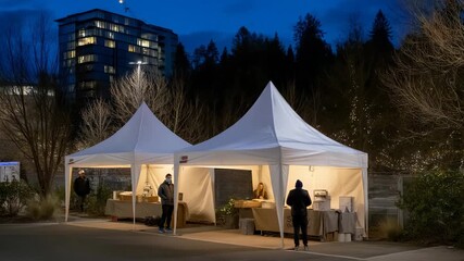 Charity organization setting up outdoor Christmas tents with heaters and food stations for the homeless — a scene of coordinated generosity, urban outreach, and modern humanitarian response to cold