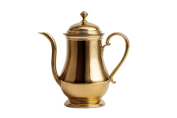 Gleaming polished gold coffee pot with lid and handle on black pitcher, Isolated On White Background, Png Transparent