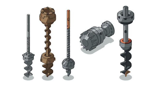 Isometric drill bits collection diverse engineering tools in detail