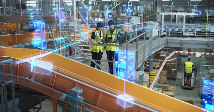 Two White Warehouse Technicians in Inspect a Smart Conveyor System, Using a Digital Tablet to Visualize  Parcel Delivery, Automated Package Distribution Analytics Inside a Futuristic Logistics Center.