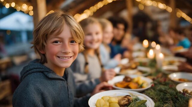 Children gathered around a long festive table enjoying a warm Christmas meal served by smiling volunteers — a moment of comfort, gratitude, and belonging, capturing the essence of love and - Powered by Adobe