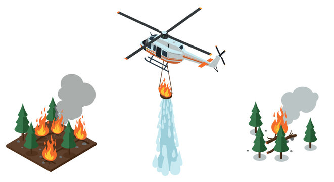 Helicopter extinguishing forest fire with water in isometric style scene