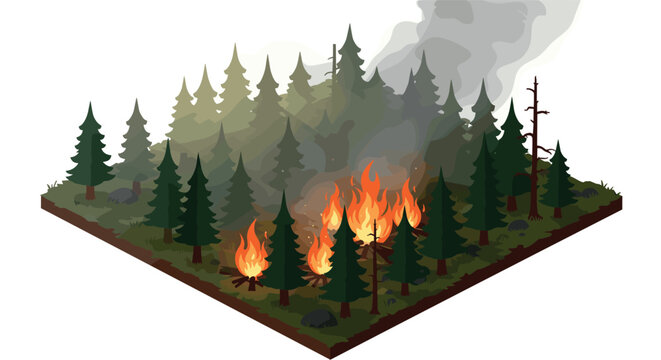 Isometric forest on fire with burning flames and smoke rising from trees