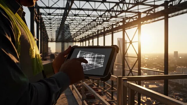 Construction worker reviews architectural blueprint on digital tablet at building site with steel framework structure. Engineering professional inspects technical plans for infrastructure development