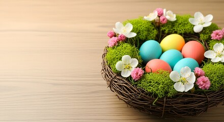 Decorative nest filled with colorful pastel eggs for Easter holiday