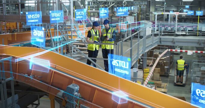 Two Warehouse Engineers in Monitor a Smart Parcel Conveyor, Using a Digital Tablet and Holographic Data Visualisations to Track Shipment, Optimise Distribution, Manage Logistics in Automated Hub. - Powered by Adobe