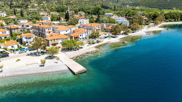 Aerial Drone View of Paralia Sergoulas on the Gulf of Corinth, Delphi Riviera, in Spring