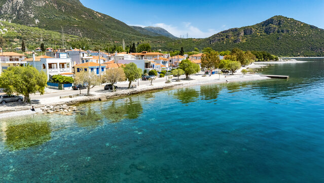 Aerial Drone View of Paralia Sergoulas on the Gulf of Corinth, Delphi Riviera, in Spring