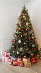 Big beautiful christmas tree decorated with shiny baubles and many different presents on wooden floor. White wall background with a lot of copy space for text. Close up.