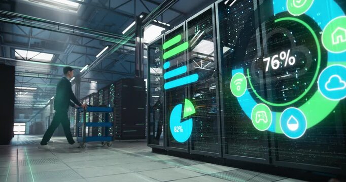 IT Engineers Walk Through a High Tech Data Center, Monitoring Digital Dashboards and Holographic Analytics on Server Racks, Cloud Performance, Network Security, and Infrastructure Optimization