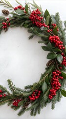Christmas composition. Christmas wreath on white background. Flat lay, top view, copy space