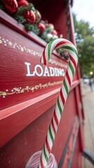Striped candy cane and lettering Christmas loading on red background. Concept of waiting for seasonal holidays. Copy space, selective focus
