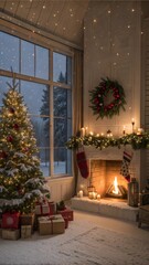 Warm Atmosphere on a Winter Snowy Night: Empty Shot of Home Interior with Fireplace Decorated with Christmas Tree, Gifts, Ornaments, Garlands and Stockings. Magical Time of a Holiday Full of Happiness