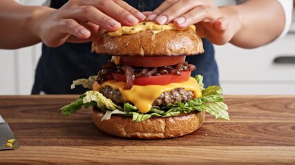 Chef grilling burger patties and bread on a stove top with steam