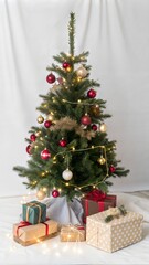 Small Christmas tree with gifts on white background