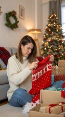 Sad disappointed woman opening Christmas gifts at home, she has received an ugly Christmas sweater