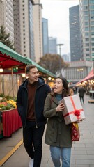 Photo of impressed excited girlfriend boyfriend getting gift package walking outdoors urban city market