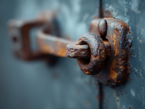 Close-up of a rusty metal latch on industrial equipment, symbolizing aging logistics infrastructure, cargo storage and heavy-duty transport hardwar