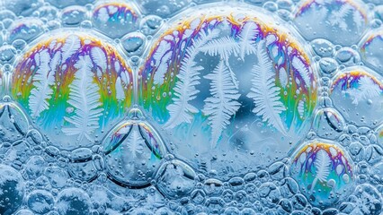 Rainbow-colored ice bubbles with frosty trees reflected in them on a frozen surface