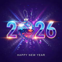 Vibrant New Year 2026 celebration graphic with glowing numbers and abstract Christmas ornament