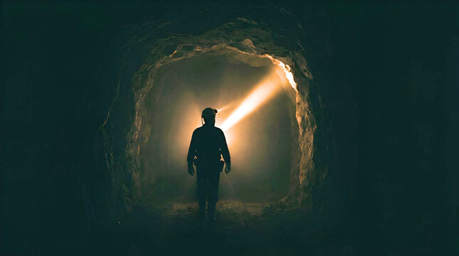 Person standing in dark tunnel with light shining behind them -  