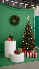 Festive Christmas scene podium for products showcase, promotional sale, minimalist green background