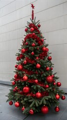 Christmas creative concept. Christmas tree with red balls on gray background.