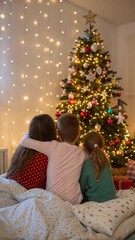 Children sit hugging in bed and look at the Christmas tree. Christmas decorations, waiting for the holiday.