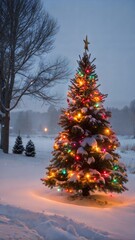 Outside Christmas tree in snow background with tree lights.